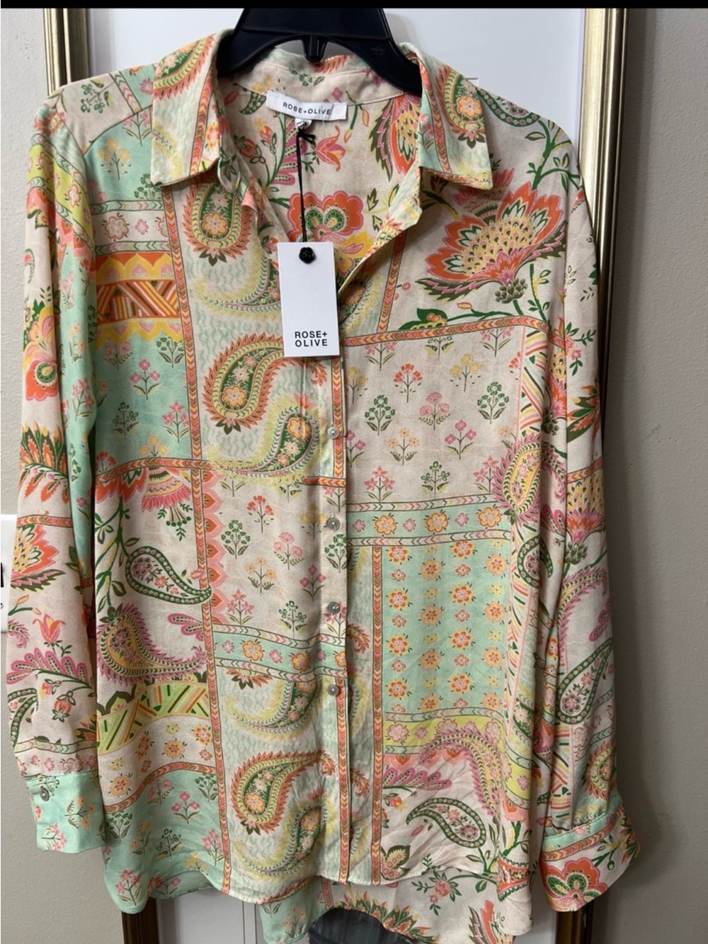 NWT Rose & Olive Paisley Patchwork Button-Down Shirt in Beige Peach Multi M/L